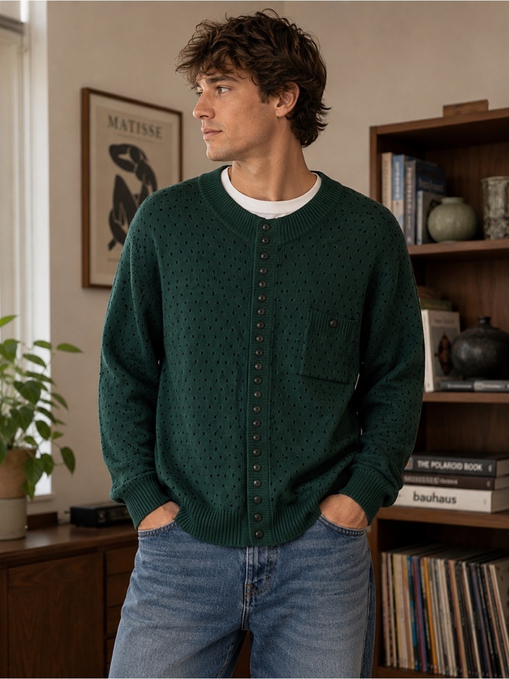 Express Plus Vintage 80s Dark Green Cardigan Sweater Size 40 Knit Retro Cozy